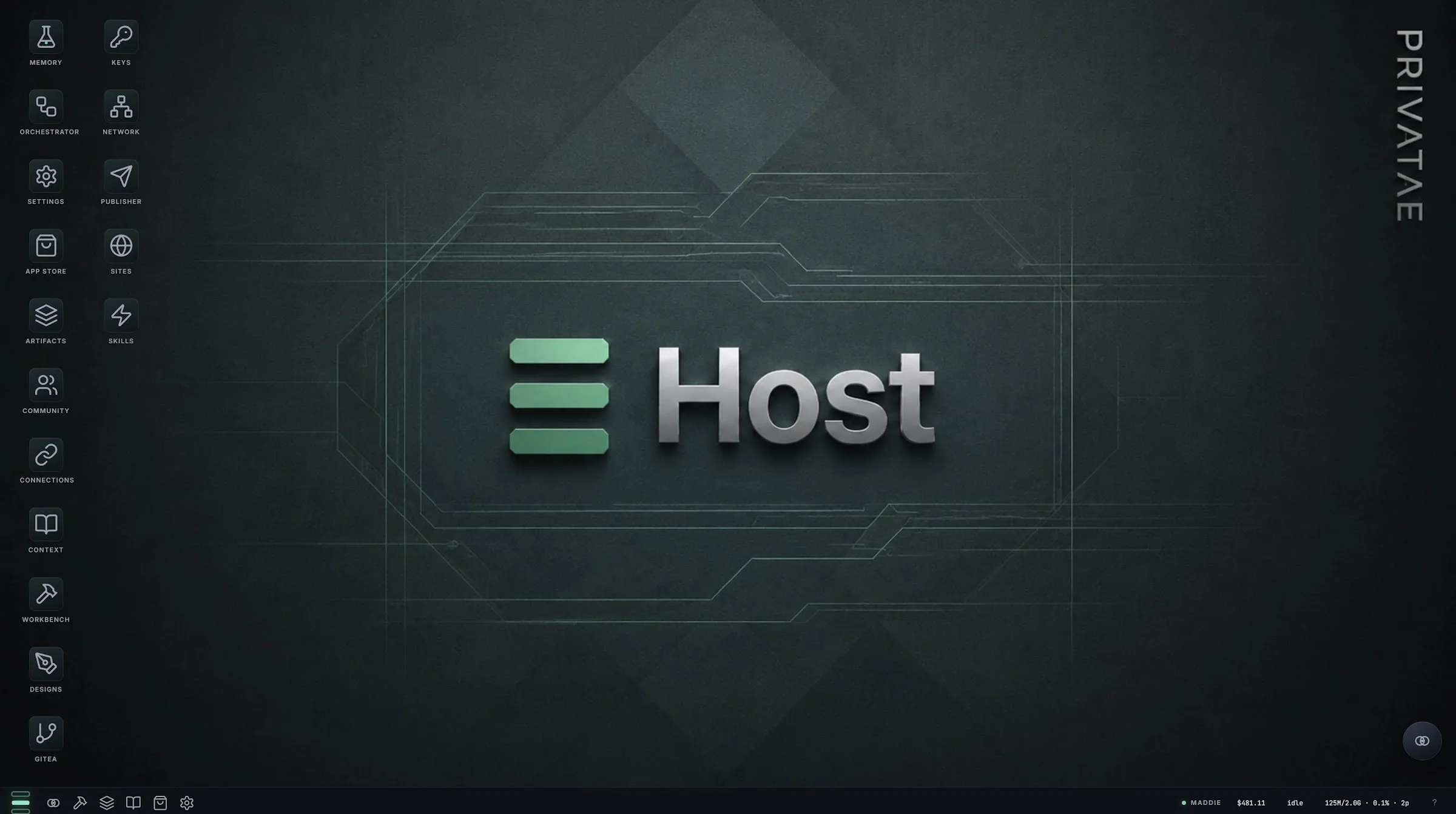 The Host desktop — the app rail, the circuit-trace wallpaper, and the Host's live status bar